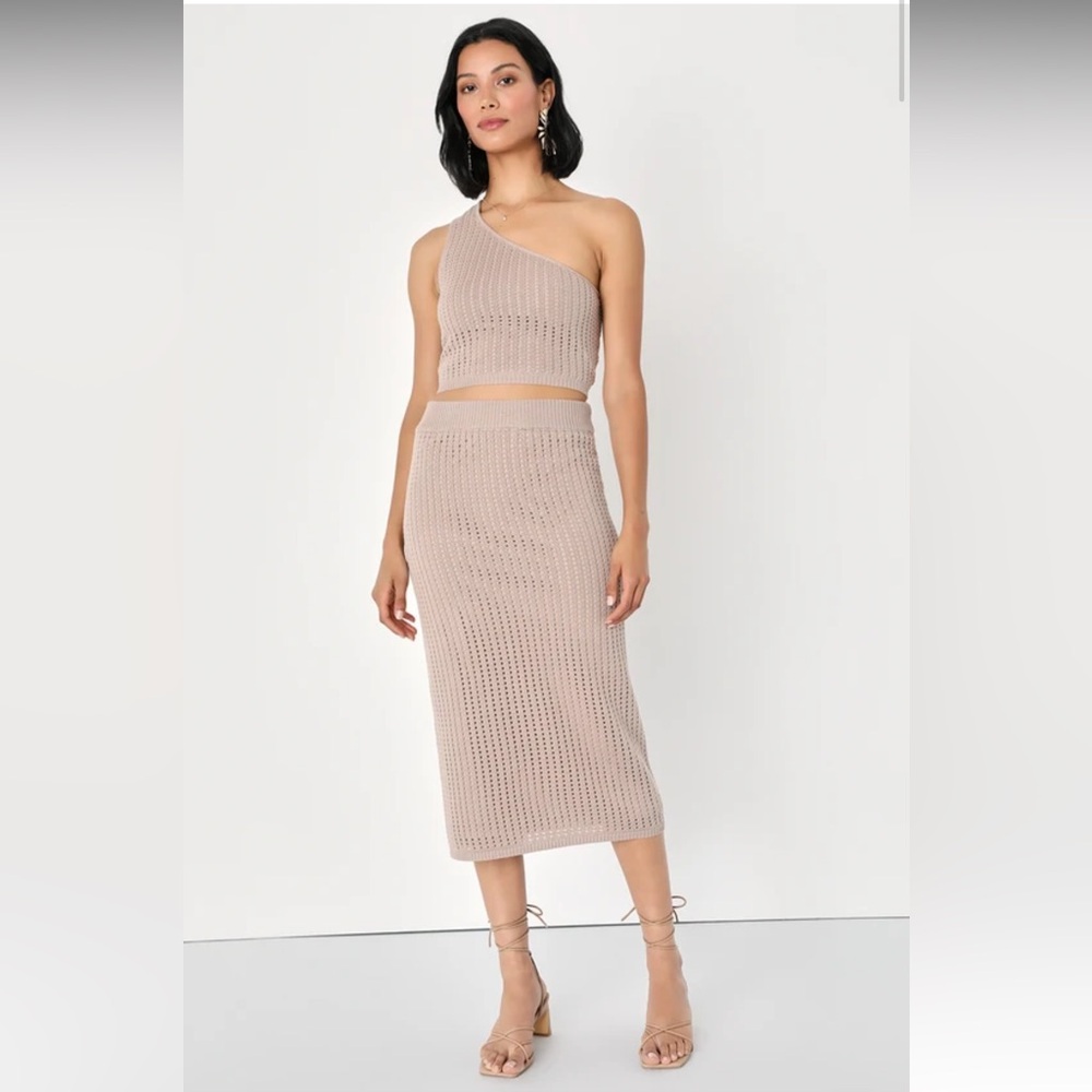 Lulus Babe Season Beige Crochet One-shoulder Two-piece Midi Dress - Size S